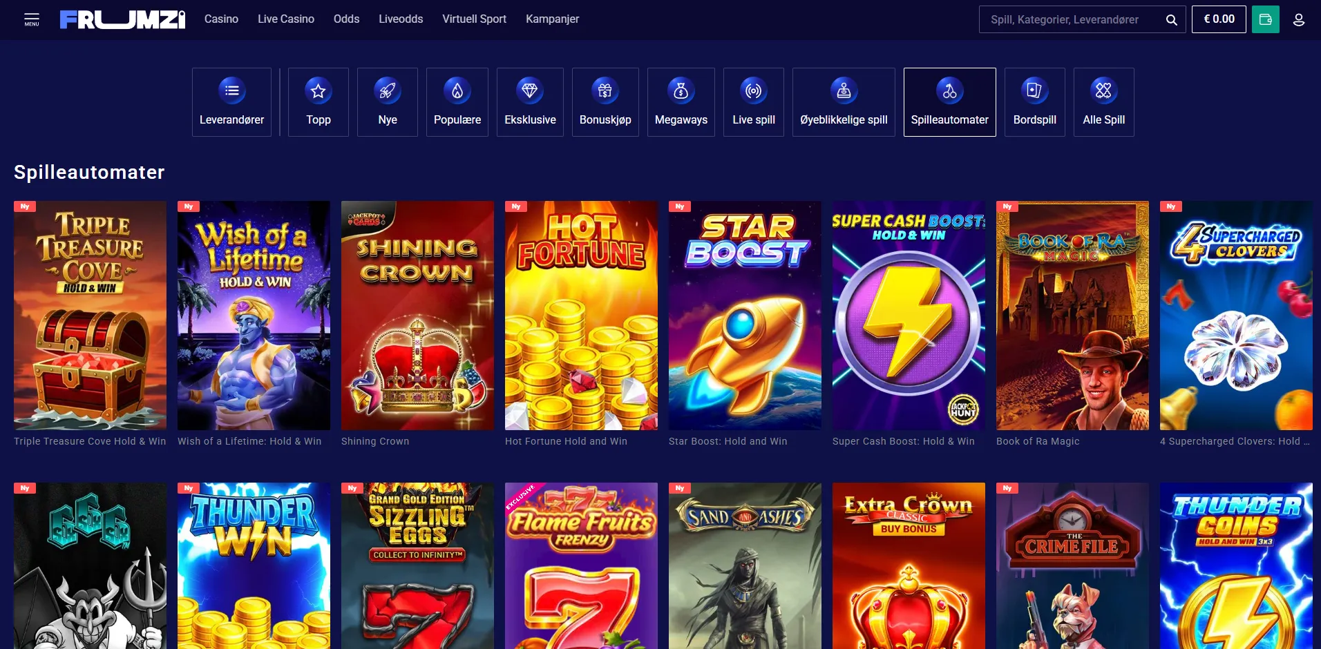 Spilleautomater og kategorier hos Frumzi casino