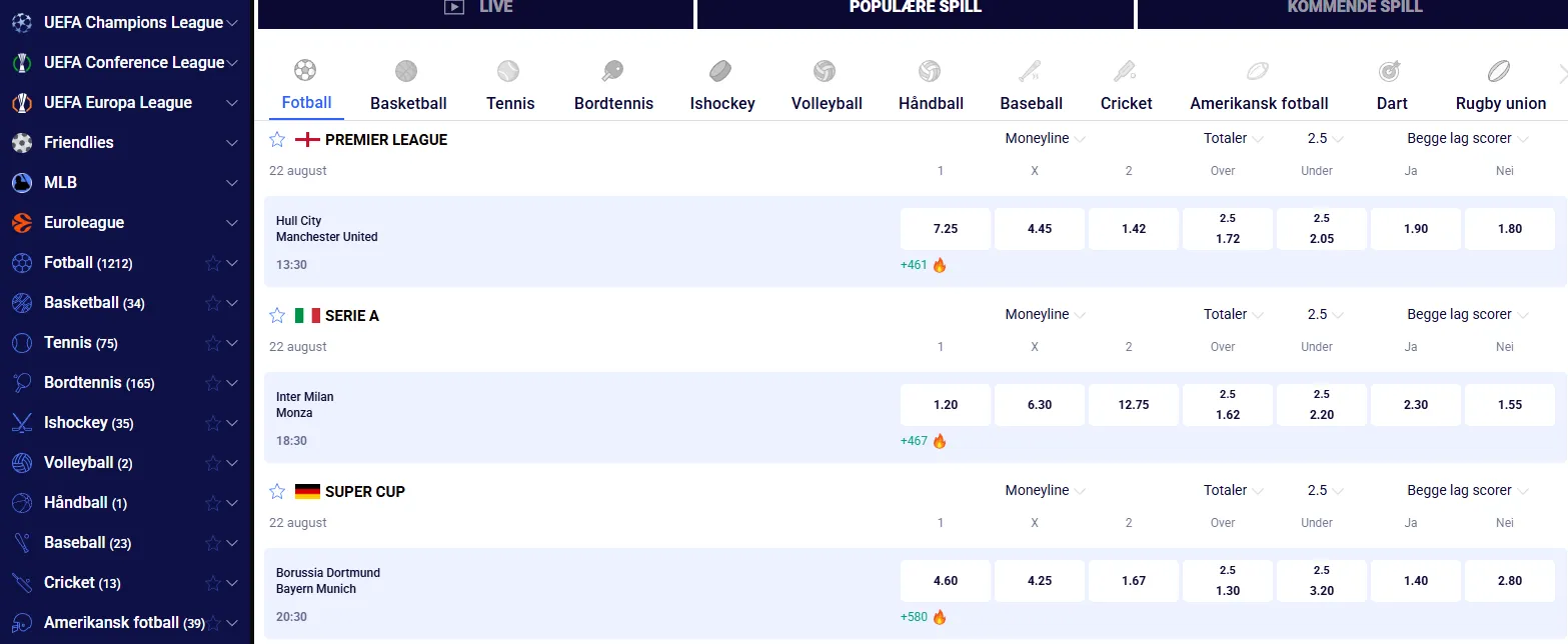 Meny for sporter og konkurranser i Frumzi sportsbook