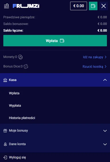Mobilny widok Frumzi z sekcjami serwisu