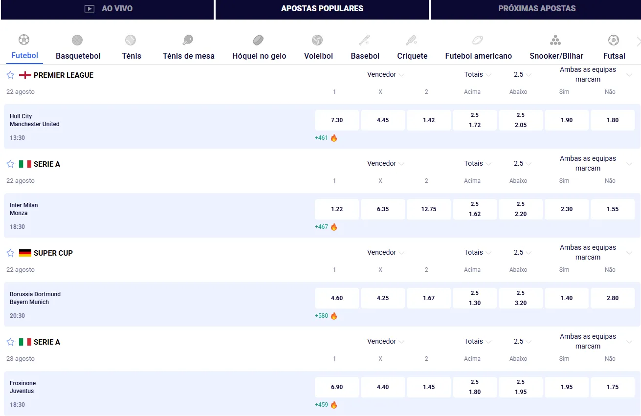 Mercados de apostas ao vivo no sportsbook Frumzi
