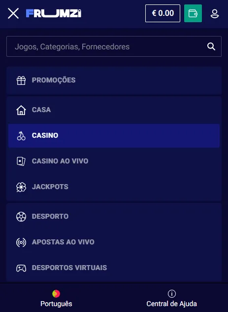 Interface móvel com jogos e apostas