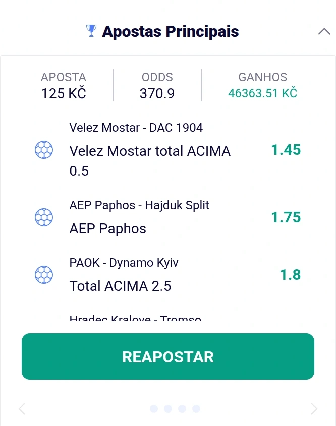 Boletim de apostas com seleções e cotações