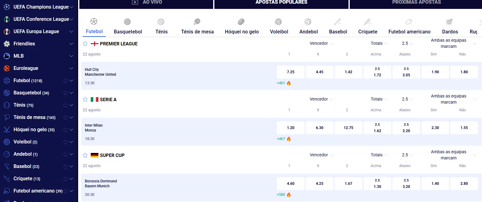 Menu de modalidades e competições desportivas disponíveis