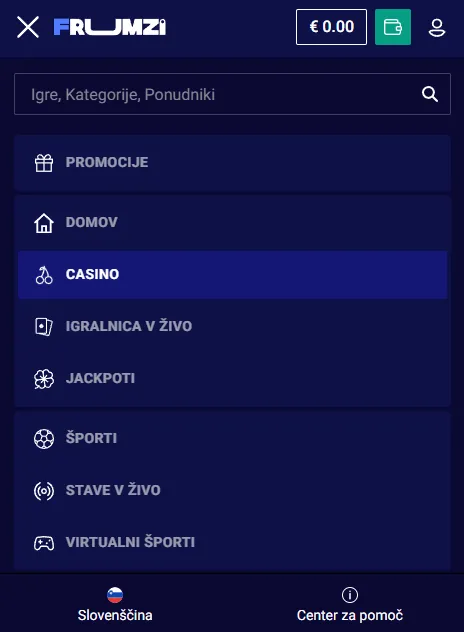 Mobilni vmesnik Frumzi s kazinojem in športnimi stavami