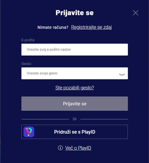Prikaz prijavne strani Frumzi z obrazcem za dostop do računa