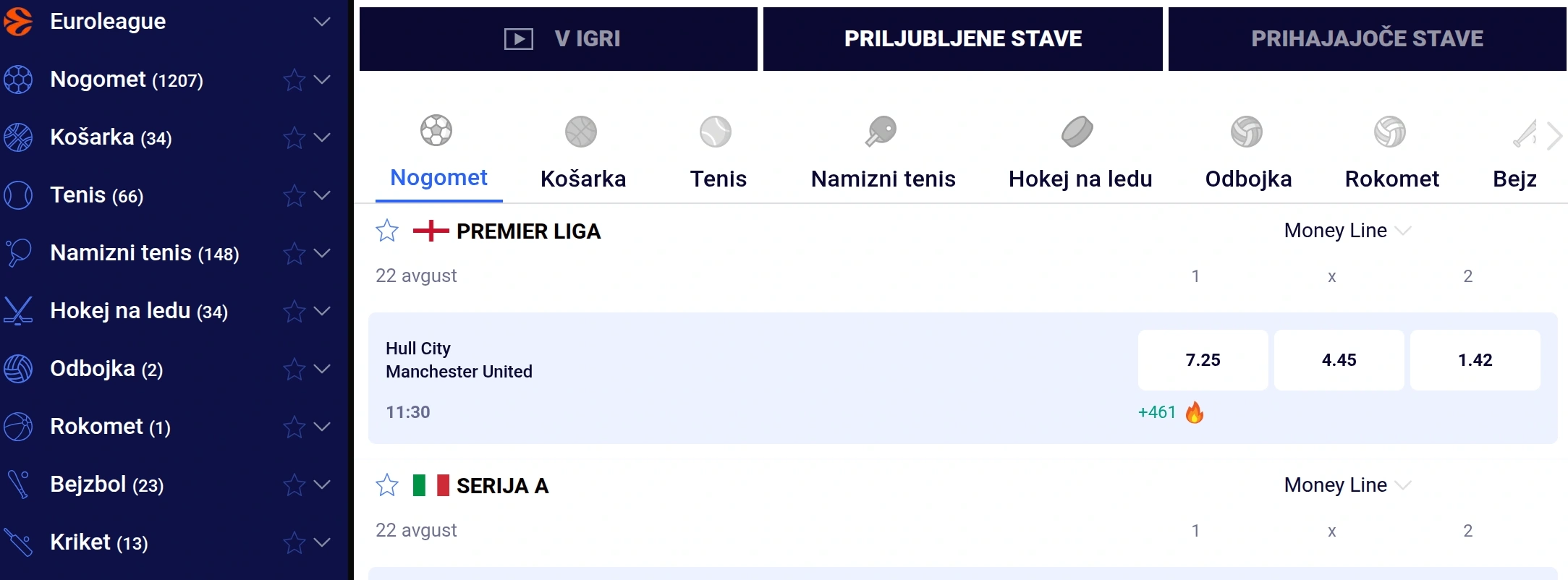Nogometne tekme in kvote v stavnem meniju